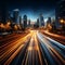 Dynamic city highway Overpass motion blur merges with urban backdrop, portraying velocity