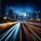 Dynamic city highway Overpass motion blur merges with urban backdrop, portraying velocity