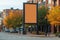 Dynamic city setting, blank vertical outdoor billboard mockup on vibrant autumn day