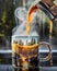 A dynamic close-up shot of pouring fresh coffee from a percolator into a mug