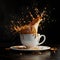 Dynamic coffee splash frozen in time around a white cup. energetic start to the day captured. AI