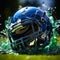 Dynamic Collision: Metallic Blue Football Helmet Mid-Air Clash on Vibrant Green Turf