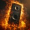 Dynamic concert speaker engulfed in flames, emitting electrifying energy