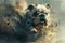 Dynamic Digital Artwork of a Snarling Bulldog Surging Through Dust and Debris