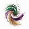 Dynamic digital twirl from glitter and shiny foil pieces. Generative AI, AI generated illustration. Mardi Gras colors - purple,