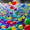 A dynamic explosion of colorful water balloons, frozen in mid-air, creating a playful and energetic scene1, Generative AI