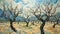 Dynamic Expressionist Painting Of Snowy Apple Orchard By Emek Golan