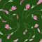 Dynamic floral background on a green background. Pink and lilac flowers. Vector illustration.