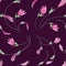 Dynamic floral seamless pattern on a on a dark purple background.Pink and lilac flowers.