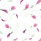 Dynamic floral seamless pattern on a white background. Pink and lilac flowers.