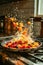 Dynamic Fruit Salad Splash on Kitchen Counter with Flying Berries and Citrus Pieces in Sunlit Room