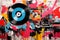 Dynamic grunge inspired collage of vinyl records and pop art graffiti in vibrant, bold colors