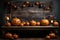 Dynamic Halloween setup Chalkboard stand, pumpkins on black dramatic background