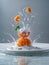 Dynamic High Speed Photography of Carrot Splashing into Milk with Droplets on Gray Background