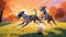 Dynamic illustration of greyhound dogs playing in a park at sunset