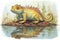 dynamic illustration of a lizard showing off a large dewlap by the pond