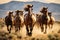 A dynamic image capturing the powerful movement of a herd of horses as they gallop across a dry grass field, Wild, galloping