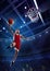 Dynamic image of little boy, child, basketball player in motion, jumping with ball during match on 3D stadium with
