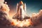 Dynamic image of a space shuttle launching into the sky with advanced propulsion systems and modern design