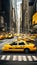 A dynamic image of a yellow taxi cab driving on a busy street in New York City, capturing the essence of urban life and travel