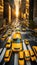 A dynamic image of a yellow taxi cab driving on a busy street in New York City, capturing the essence of urban life and travel
