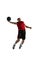 Dynamic image of young man, professional basketball player in motion, in uniform jumping with ball isolated against