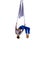 Dynamic image of young man, professional, flexible aerial gymnast doing acrobatic tricks with aerial ribbon against