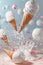 Dynamic levitating ice cream cones with splashing milk and flying sprinkles