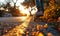 Dynamic low-angle view of a person skateboarding down an urban street at sunset, capturing the essence of freedom and youth