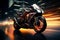 Dynamic motion EBR racing motorcycle with abstract speed light trails