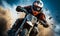 Dynamic Motocross Rider in Action on a Bright Day, Kicking up Dirt with Powerful Motorcycle on Rugged Terrain