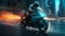 Dynamic Motorbike Rider In Teal Cityscape With Neon Lights