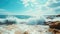 Dynamic Ocean Waves Crashing on Rocky Shore under Cloudy Sky