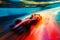 A dynamic painting capturing the speed and movement of a racing car in action, An abstract representation of the speed and