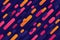 Dynamic pink and orange gradient color round diagonal stripes overlap on dark blue background. Abstract trendy color design.