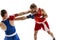 Dynamic portrait of two professional boxer in sports uniform boxing isolated on white background. Concept of sport