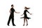 Dynamic portrait of young emotive dancers in black outfits dancing ballroom dance isolated on white background. Concept