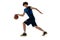 Dynamic portrait of young man, basketball player playing basketball isolated on white background. Concept of sport