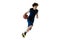 Dynamic portrait of young man, basketball player playing basketball isolated on white background. Concept of sport