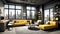 Dynamic Retreat: Hybrid Workspace and Relaxation Area with Urban Gray, Beige, and Vibrant Yellow Touches