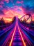 Dynamic roller coaster tracks glowing with neon lights under a vibrant sunset sky, symbolizing excitement, speed, and thrilling