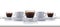 A dynamic row of glass and white expresso cups and saucers full of smooth expresso coffee, on a white style bar or table top with