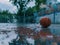 Dynamic scene at basketball court after the rain with splashed water