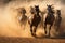 A dynamic scene capturing a group of horses in full gallop as they race down a dusty dirt road, A horse race in the dusty wild