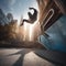 Dynamic scene of urban parkour, capturing the energy and movement of athletes in a futuristic city1