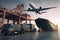 Dynamic shipping industry trio, Container truck, ship, and cargo plane enable trade