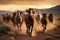 A dynamic shot capturing the energy of a herd of horses as they race across the wide expanse of a desert, Wild, galloping horses