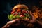 A dynamic shot of a hand holding a Portobello mushroom burger, with ingredients falling gracefully from above, highlighting the