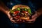 A dynamic shot of a hand holding a Portobello mushroom burger, with ingredients falling gracefully from above, highlighting the