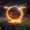Dynamic shot soccer ball engulfed in flames flies over stadium